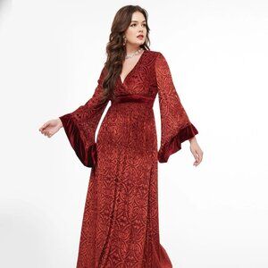 Unique Vintage 1970s Burgundy Velvet Burnout Maxi Dress